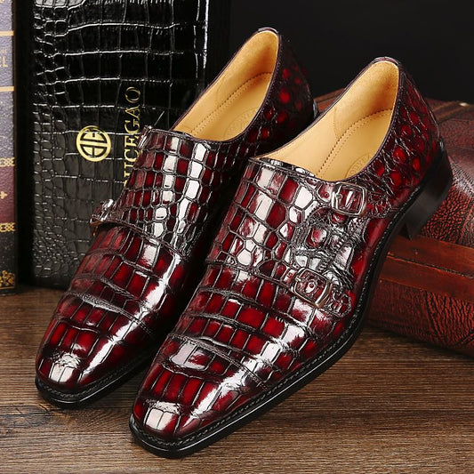 Handmade Men Shaded Red Crocodile Leather Double Monk Buckle Business Shoes
