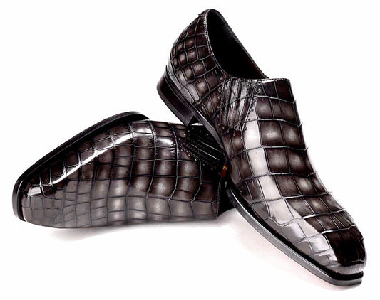 Handmade Men Dark Gray Stylish Crocodile Leather Moccasins Business Shoes