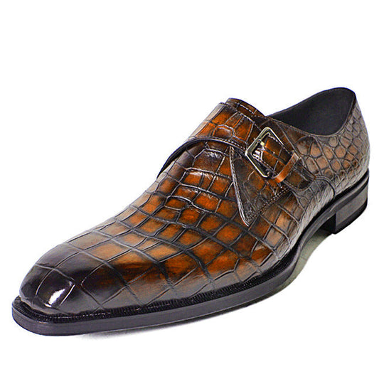 Handmade Men Tan Brown Stylish Crocodile Leather Single Buckle Business Shoes