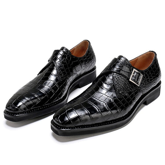 Handmade Men Black Stylish Crocodile Leather Single Buckle Business Shoes