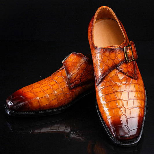 Handmade Men Shaded Tan Stylish Crocodile Leather Single Buckle Business Shoes