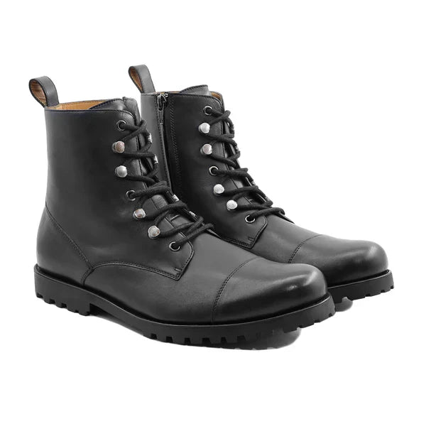 Handmade Men Black Leather High Ankle Lace Up Military Boots, Hiking Boots