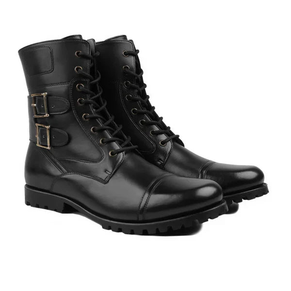 Handmade Men Black Leather High Ankle Strap Lace Up Military Boots, Hiking Boots