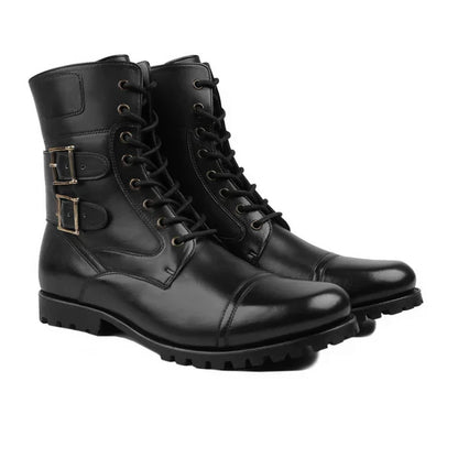 Handmade Men Black Leather High Ankle Strap Lace Up Military Boots, Hiking Boots