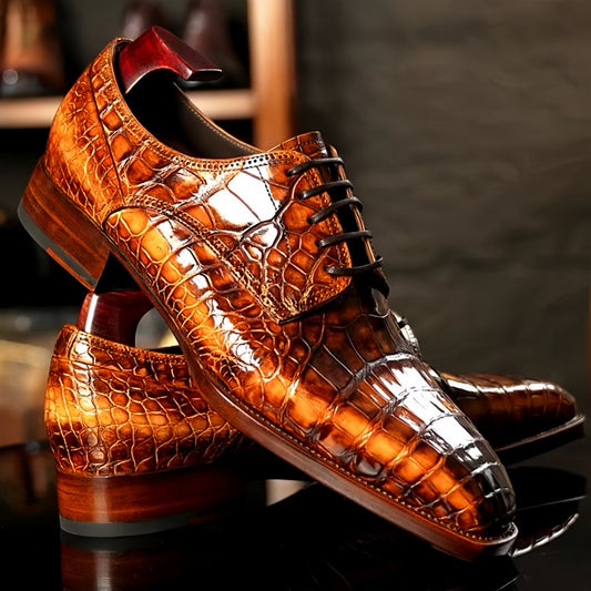 Handmade Men Shaded Dark Tan Crocodile Leather Lace Up Derby Dress Shoes