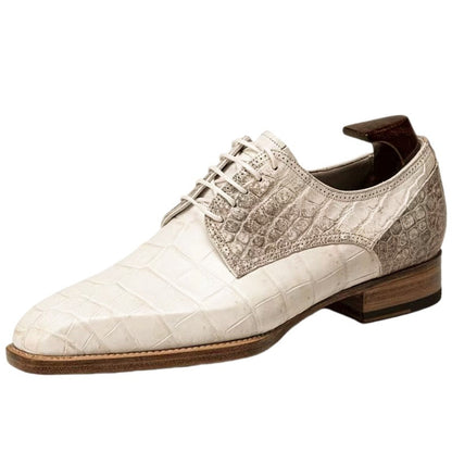 Handmade Men Off White Crocodile Leather Lace Up Derby Dress Shoes, Office Shoes