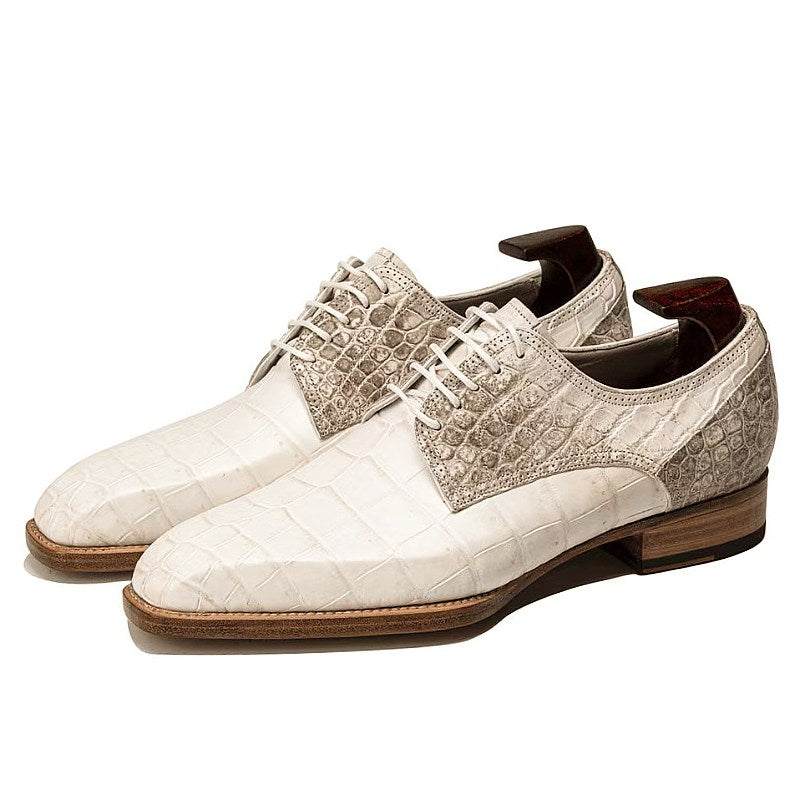 Handmade Men Off White Crocodile Leather Lace Up Derby Dress Shoes, Office Shoes