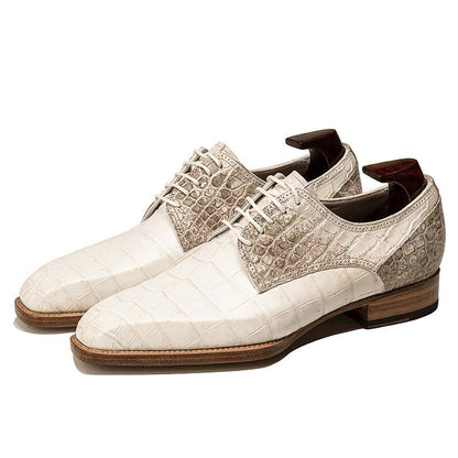 Handmade Men Off White Crocodile Leather Lace Up Derby Dress Shoes, Office Shoes