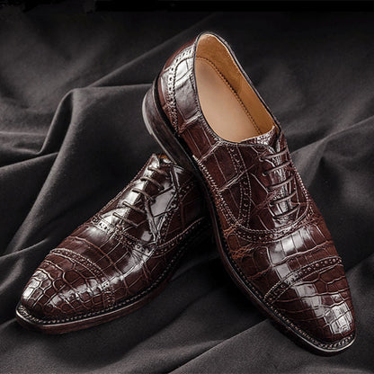 Handmade Men Dark Brown Crocodile Leather Lace Up Dress Shoes, Office Shoes