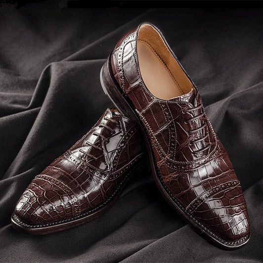 Handmade Men Dark Brown Crocodile Leather Lace Up Dress Shoes, Office Shoes