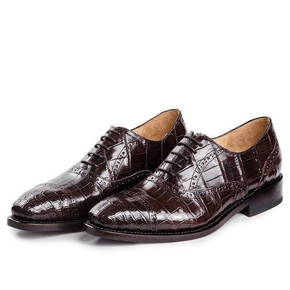 Handmade Men Dark Brown Crocodile Leather Lace Up Dress Shoes, Office Shoes