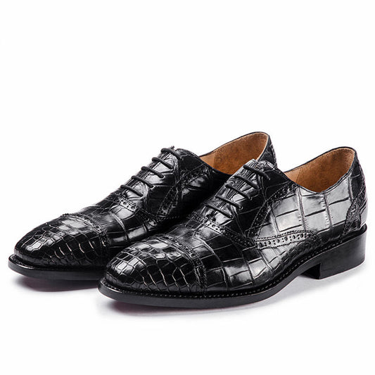 Handmade Men Black Crocodile Leather Lace Up Dress Shoes, Office Shoes