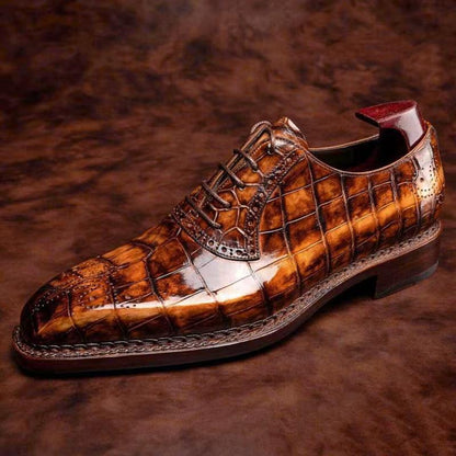 Handmade Men Shaded Tan Brown Crocodile Leather Lace Up Dress Shoes, Office Shoe