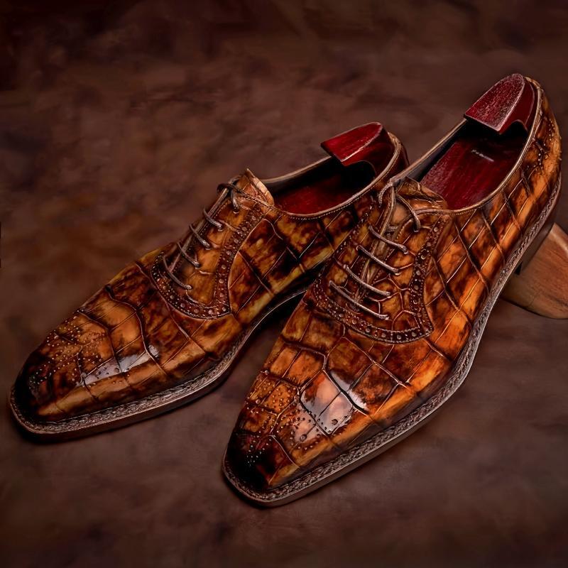 Handmade Men Shaded Tan Brown Crocodile Leather Lace Up Dress Shoes, Office Shoe