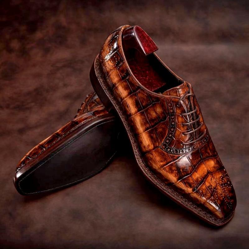 Handmade Men Shaded Tan Brown Crocodile Leather Lace Up Dress Shoes, Office Shoe