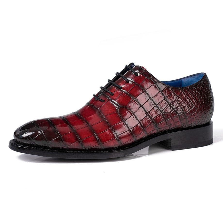 Handmade Men Shaded Red Crocodile Leather Lace Up Dress Shoes, Office Shoe