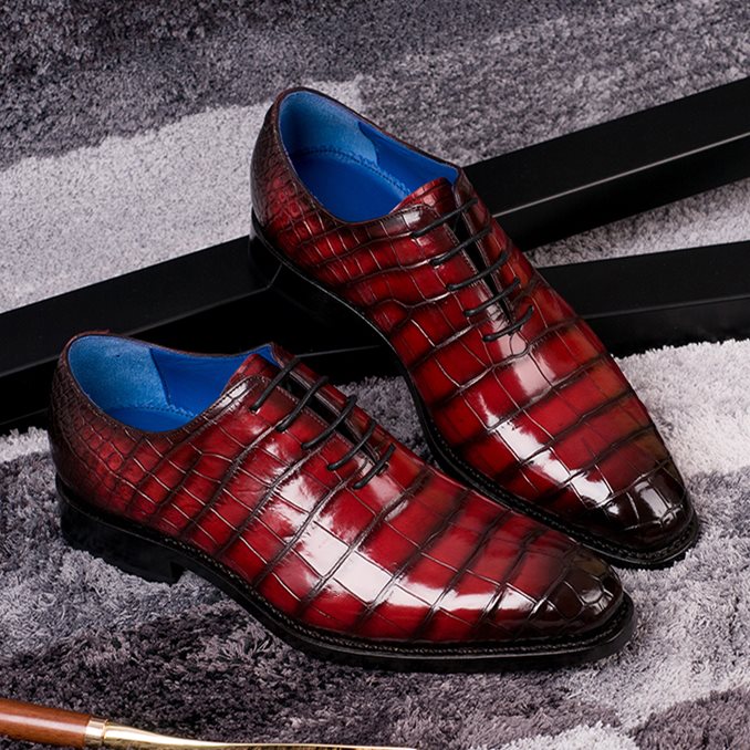 Handmade Men Shaded Red Crocodile Leather Lace Up Dress Shoes, Office Shoe