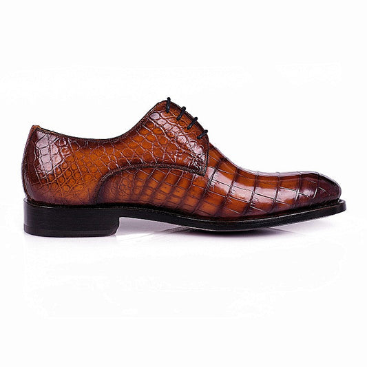 Handmade Men Shaded Brown Crocodile Leather Lace Up Dress Shoes, Office Shoe