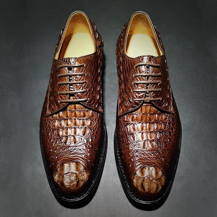 Handmade Men Dark Brown Derby Crocodile Leather Lace Up Dress Shoes, Office Shoe