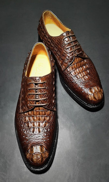Handmade Men Dark Brown Derby Crocodile Leather Lace Up Dress Shoes, Office Shoe