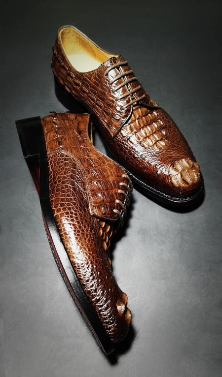 Handmade Men Dark Brown Derby Crocodile Leather Lace Up Dress Shoes, Office Shoe