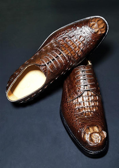 Handmade Men Dark Brown Derby Crocodile Leather Lace Up Dress Shoes, Office Shoe