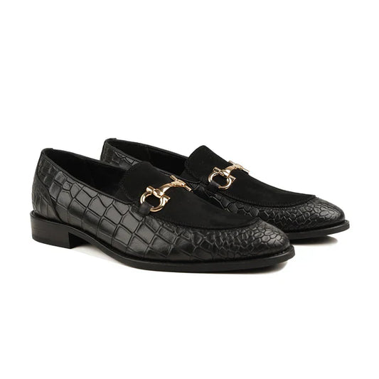 Handmade Men Black Crocodile Leather & Suede Moccasins Office Dress Shoes