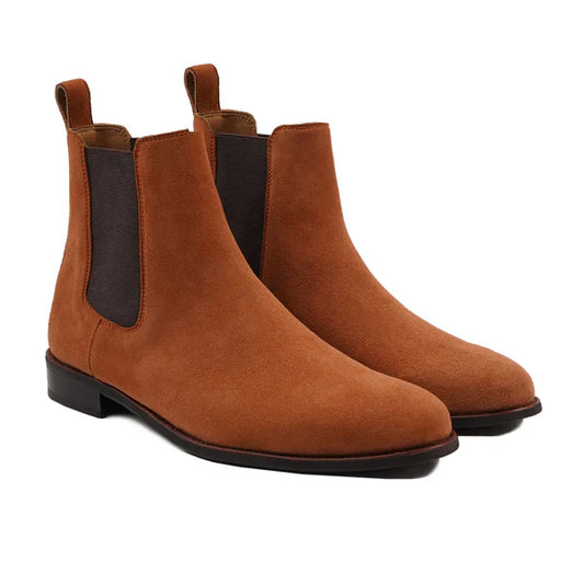 Handmade Men Tan Brown Suede Stylish Pull On Ankle Chelsea Office Boot