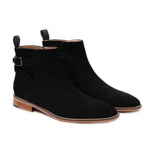 Handmade Men Black Suede Low Ankle Side Buckle Chelsea Office Boot, Party Boot