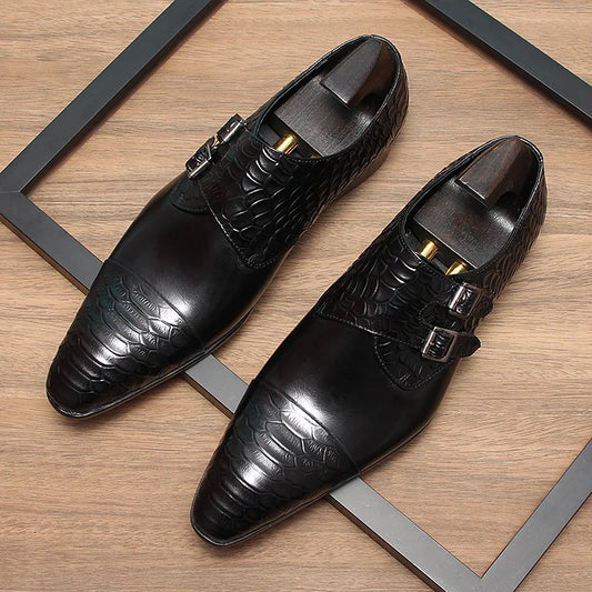 Handmade Men Black Double Monk Buckle Crocodile Leather Dress, Office Shoes