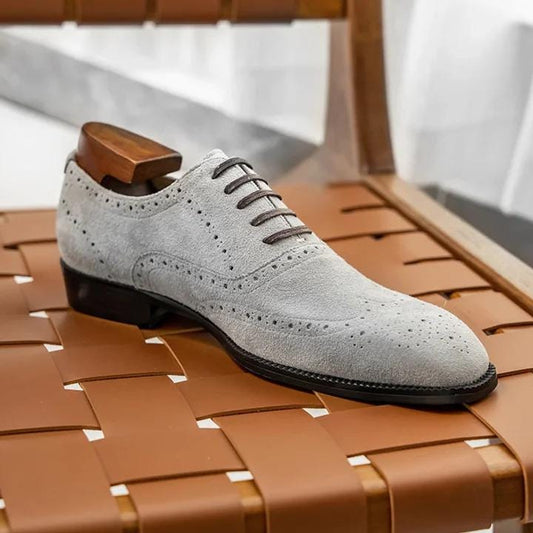 Handmade Men Wing Tip Light Gray Brogue Suede Lace Up Dress Shoes, Office Shoes