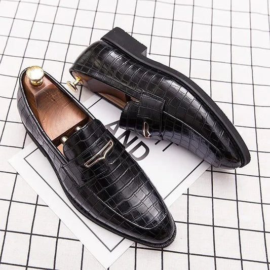 Handmade Men Crocodile Leather Black Loafers Dress Shoes, Office Slip Ons Shoes