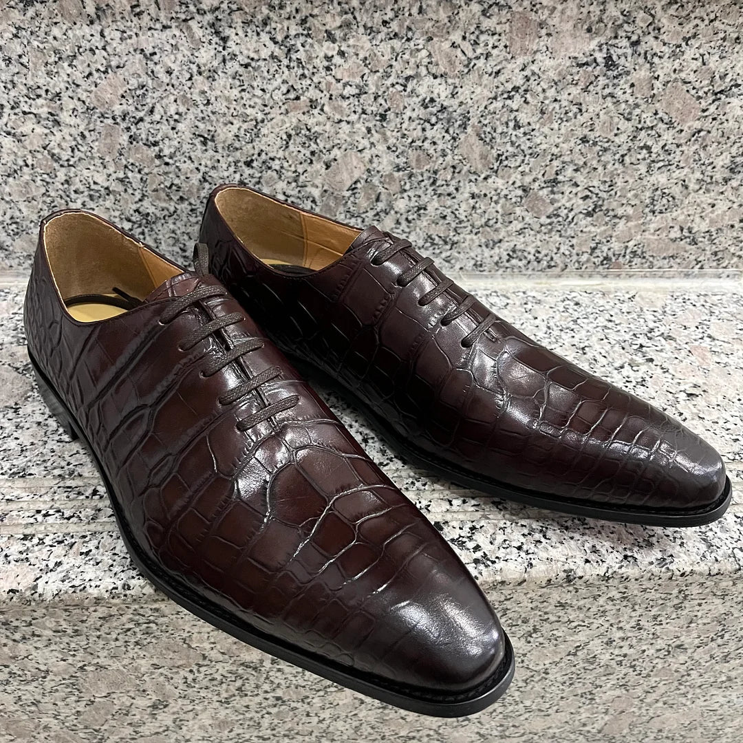 Handmade Dark Brown Men Crocodile Leather Lace Up Dress Shoes, Office Shoes