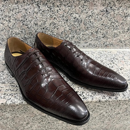 Handmade Dark Brown Men Crocodile Leather Lace Up Dress Shoes, Office Shoes