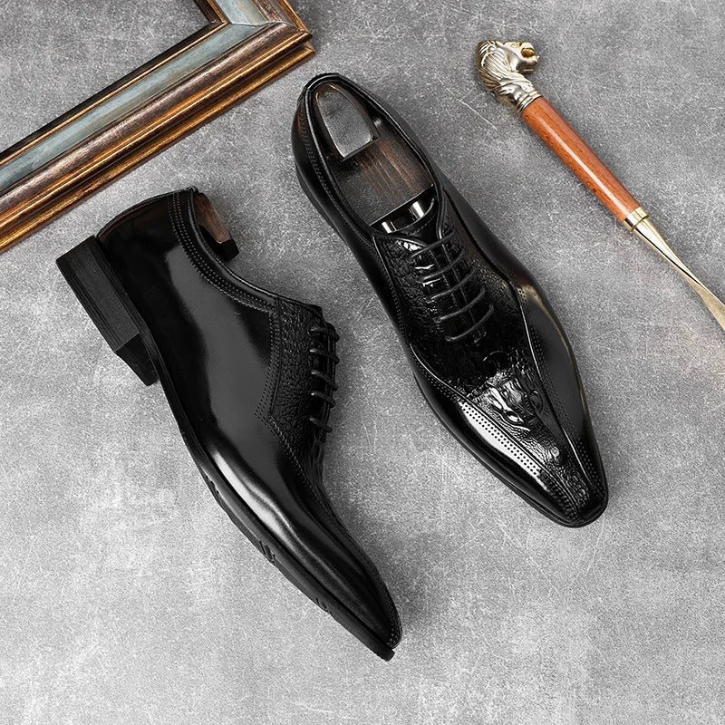 Handmade Men Black Crocodile Leather Stylish Lace Up Dress Shoes, Office Shoes