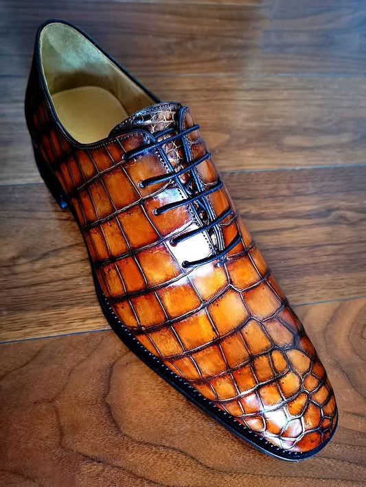 New Handmade Shaded Tan Shoes, Mens Crocodile Print Shoes, Lace Up Office Shoes