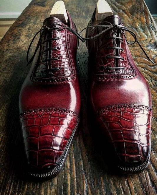 Handmade Brogue Burgundy Shoes, Mens Crocodile Print Shoes, Lace Up Office Shoes