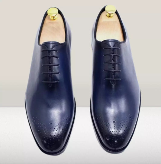 Handmade Mens Blue Tuxedo Brogue Shoes, Men Leather Oxford Shoes, Men Brogue Shoes