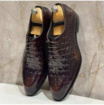 Handmade Mens Brown Crocodile Pattern Lace Up Dress Shoes, Men Brown Leather Shoes