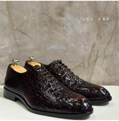 Handmade Mens Brown Crocodile Pattern Lace Up Dress Shoes, Men Brown Leather Shoes