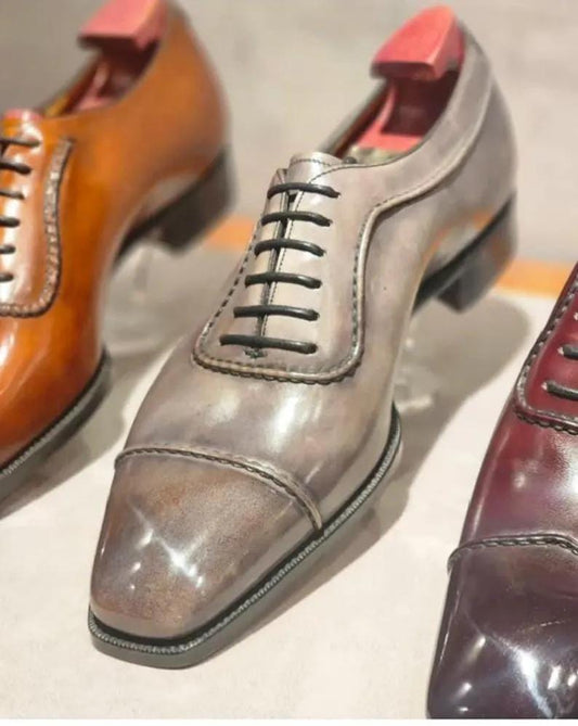 New Handcrafted Premium Quality Light Gray Leather Oxford Lace up Toe cap Dress/Formal Shoes