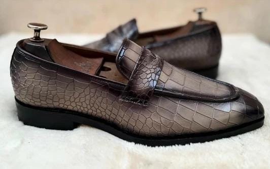 Handmade Men’s Gray Crocodile Textured Moccasins, Men Gray Dress Shoes, Crocodile Print
