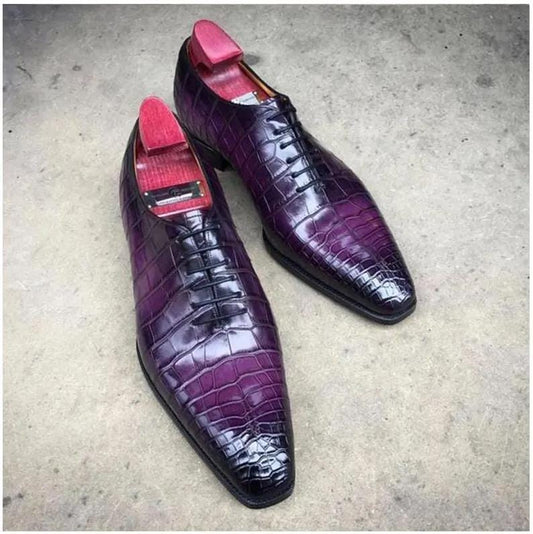 New Bespoke Handmade Premium Quality Purple Crocodile Print Leather Oxford Lace up Dress Party Shoes