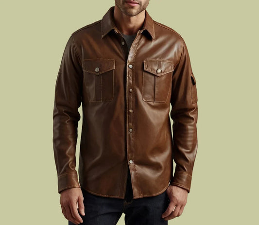 Handmade Men Dark Brown Shirt Style Cargo Jacket, Stylish Leather Biker Jacket, Dress Fashion Jackets