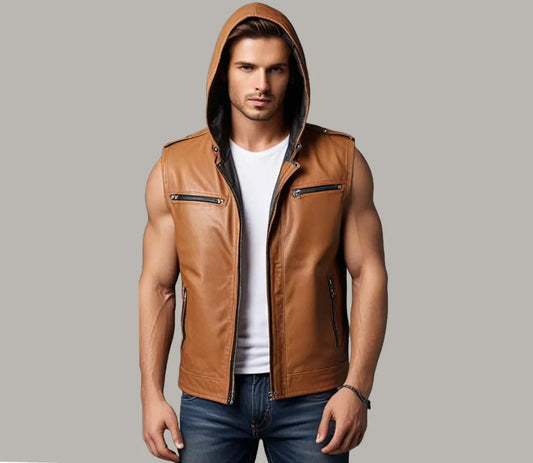 Handmade Men Brown Leather Jacket, Stylish Sleeveless Leather Biker Jacket