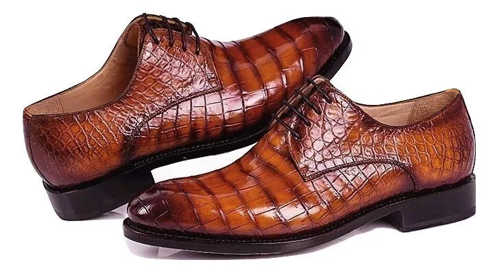 Handmade Men Brown Derby Crocodile Leather Dress Shoe, Office Shoes For Mens
