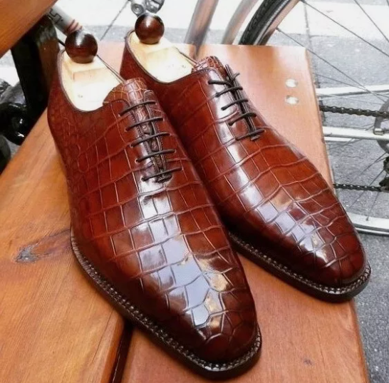 Handmade Men Brown Lace Up Crocodile Leather Dress Shoe, Office Shoes For Mens