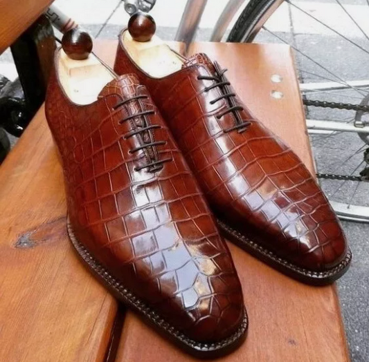 Handmade Men Brown Lace Up Crocodile Leather Dress Shoe, Office Shoes For Mens