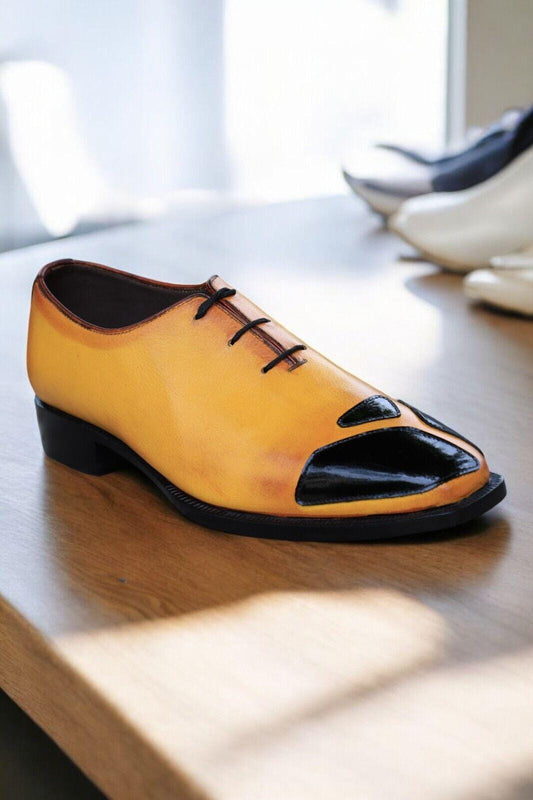 New Handmade Men Yellow Whole Cut Brogue Formal Casual Lace Up Shoes Dress Shoes For Men