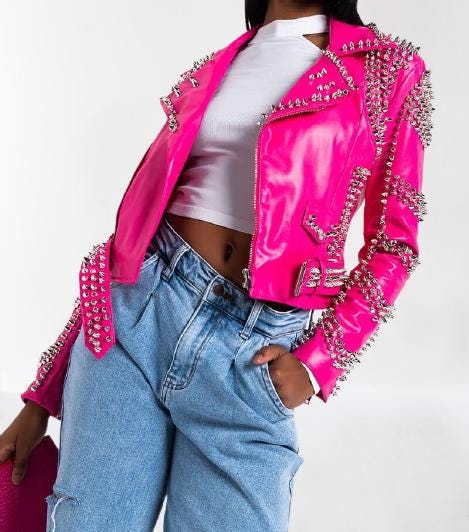 Women Retro Neon Pink Leather Studded Jacket, Fluorescent Pink Leather Women Winter Jackets